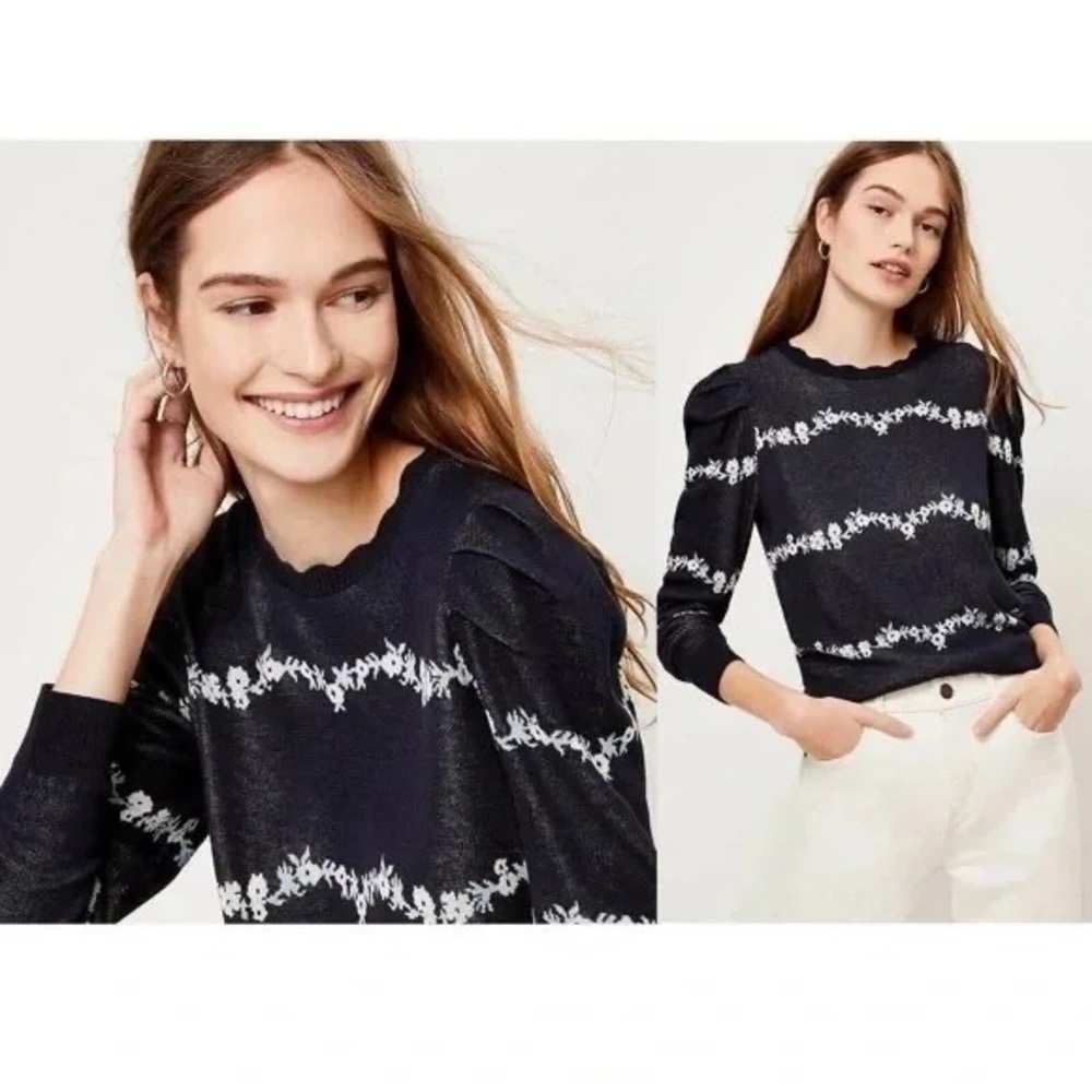 LOFT Floral Puff Sleeve Sweater Navy Burst Various Sizes Available
